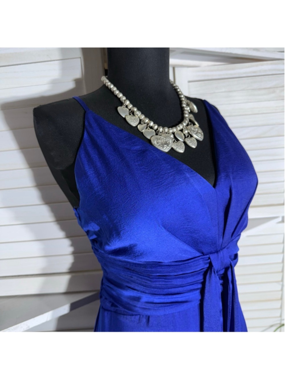 Minuet royal blue cocktail maxi dress fit flare ruched waist low sexy back sz L - Picture 5 of 14